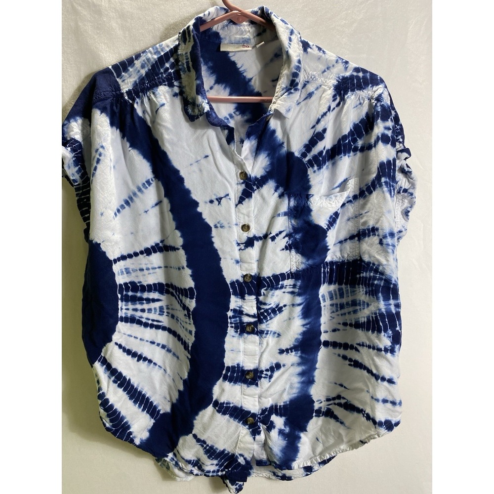 So Short Sleeve Shirt Blue Tie Dyed Women XL Collared Button Down Casual Top